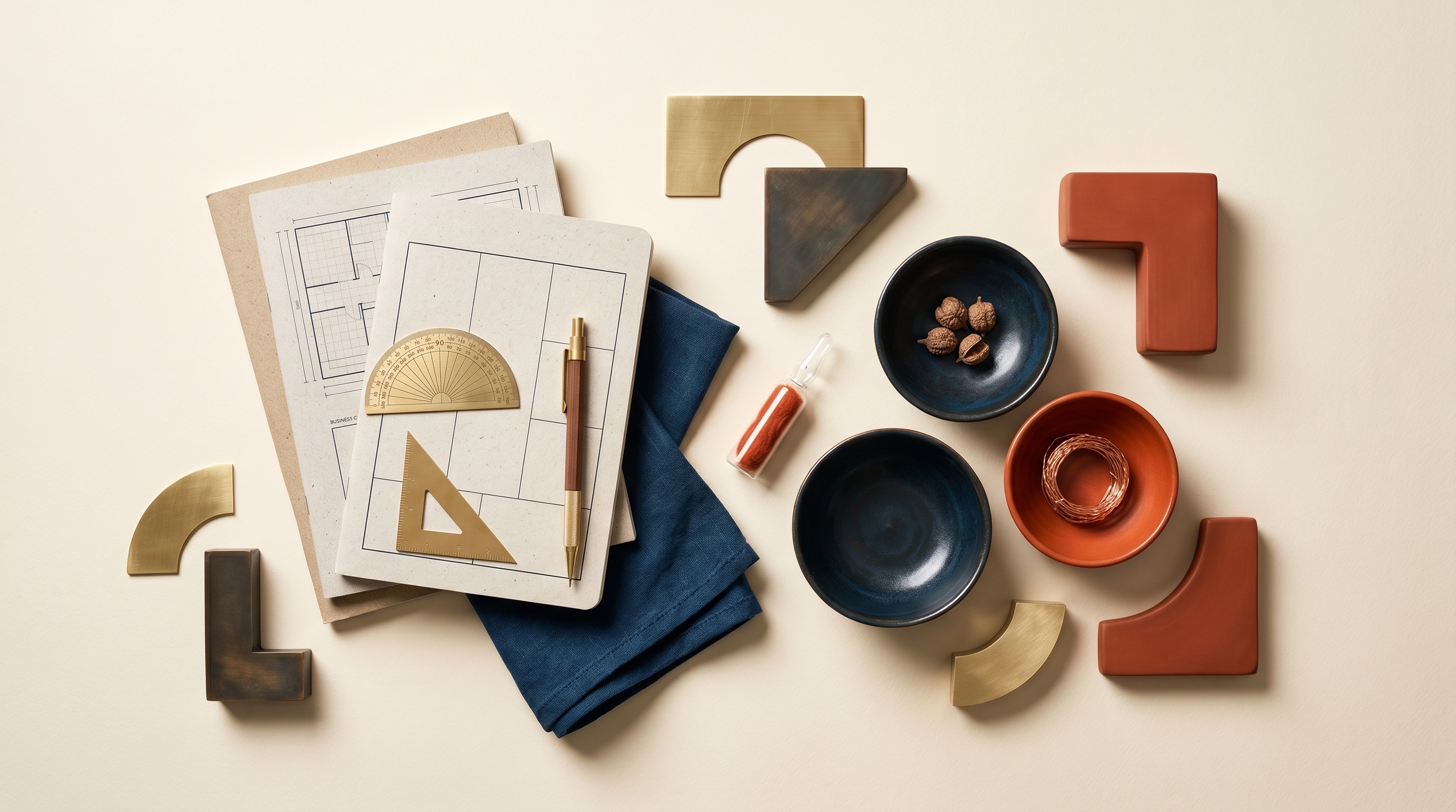 Editorial top-down still life on a warm cream surface — a wood desk with a notebook, hand tools, papers, and neutral props that signal teen-focused entrepreneurship and personal development.